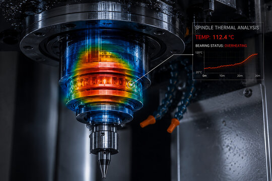 Macro of CNC spindle with thermal imaging overlay, overheating