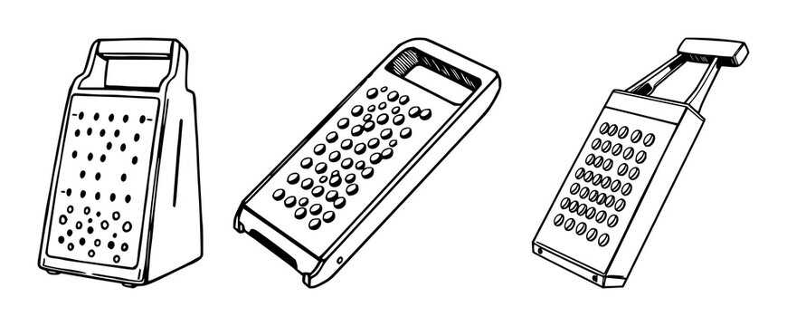 Handheld grater set with black line art and white background featuring kitchen utensile, cooking tool, grating with vegetables and food