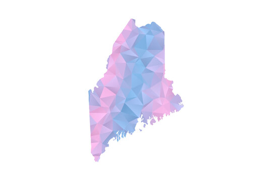 Maine Map - Polygon Style Vector Illustration in Pastel Blue and Pink Gradient, Low Poly Geometric Design, Isolated on White Background for Infographics and Education.