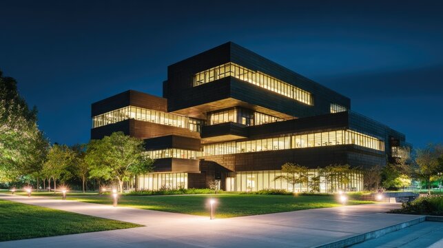 Modern dark building with illuminated windows at night
