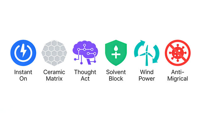 Instant start, ceramic matrix and mind control icons, futuristic applications of instant power on, antimicrobial, wind energy saving and brain computer interaction.
