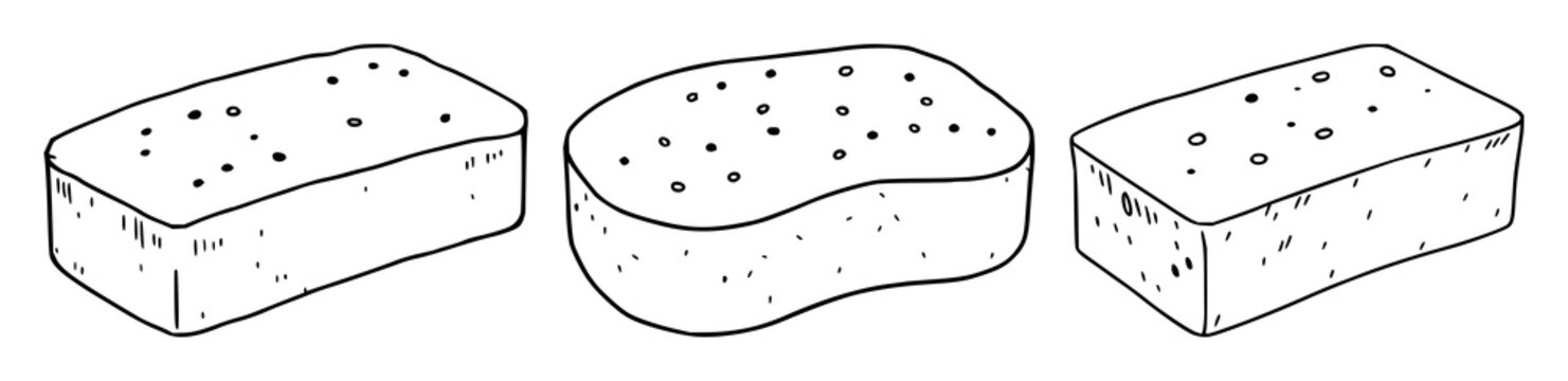 Kitchen sponge set with minimalist black line art on white background featuring cleaning, kitchenware, hygiene with design and illustration