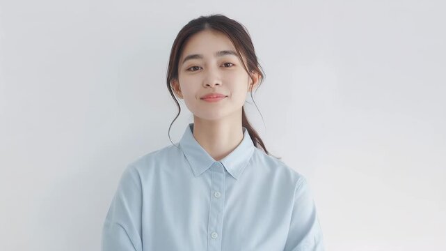白いハイキーの縦構図で日本人女性が清潔感ある笑顔を見せる