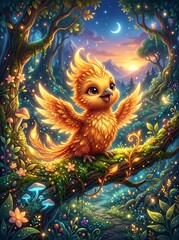 Fototapeta premium Mythical phoenix sits among enchanted flora under moonlit sky