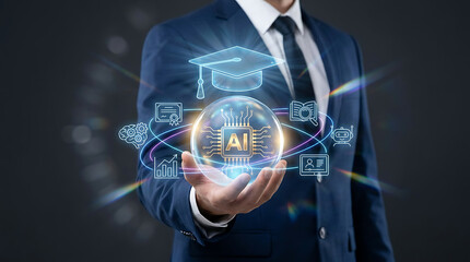 Fototapeta premium Businessman in suit holding glowing ai sphere with graduation cap and icons representing artificial intelligence in education and innovation