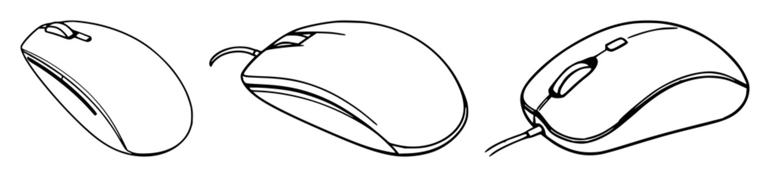 Desktop mouse set with black outline illustration featuring computer peripheral, input device, office equipment with technology and electronics
