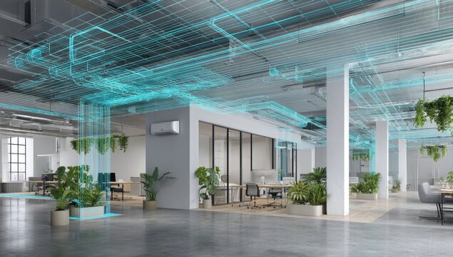 Modern office space with integrated digital HVAC system projection