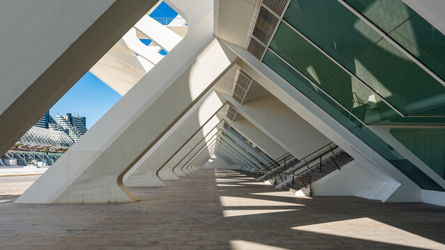 Futuristic architecture by architect Calatrava in the city of sciences in Valencia, Spain.