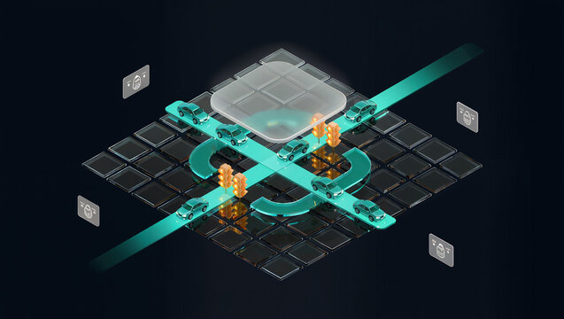3D isometric smart traffic intersection with cars on circuit board chip processor, autonomous driving smart city transportation technology concept on dark background, futuristic infographic icon