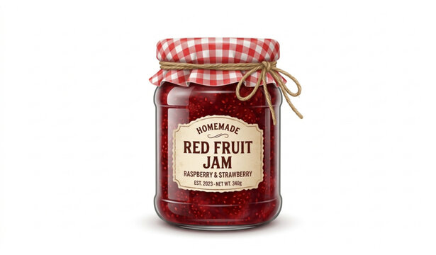 Glass jar of strawberry jam realistic sweet fruit spread vector isolated on white background