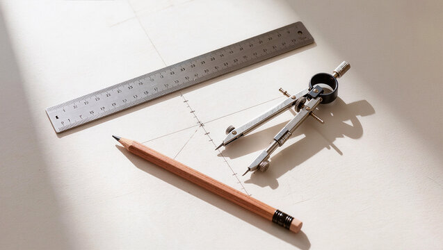 Top down view of drafting compass with metal ruler and wooden pencil on white paper with sketch lines, architecture engineering design tools flat lay, technical drawing workspace concept