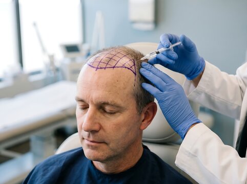 A man undergoing a hair transplant procedure with a medical professional injecting his scalp.
