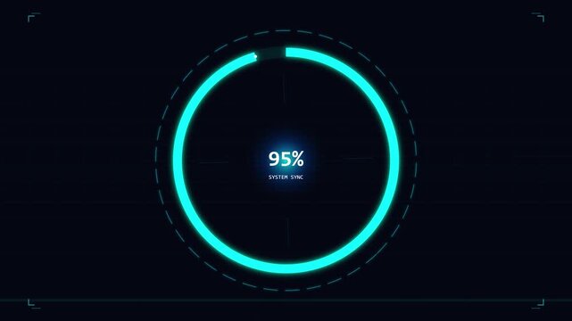 Futuristic digital HUD loading bar showing system sync with blue neon circular ring and percentage counter.