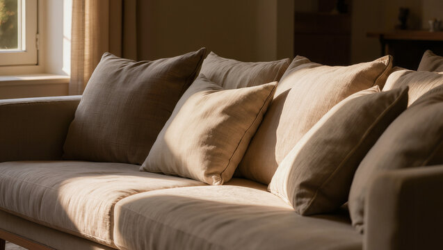 Cozy beige linen sofa couch with neutral throw pillows in warm afternoon sunlight, minimalist living room interior detail, scandinavian japandi home decor furniture closeup horizontal