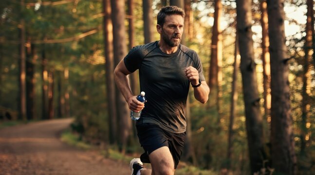 Middle aged man runs on dirt path through forest. He holds water bottle, wears fitness tracker. Man trains for marathon, enjoys nature outdoors. Healthy lifestyle, cardio, and endurance are key.