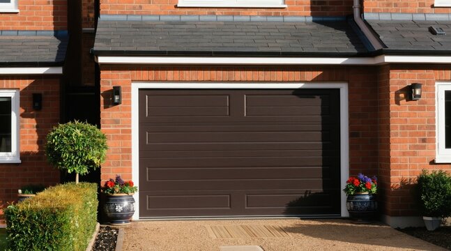 Modern dark brown garage door on brick suburban UK home. Horizontal panels provide sleek look for residential entrance. Secure and stylish house exterior.