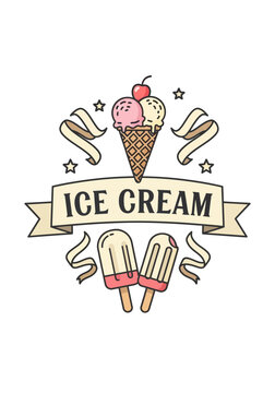 A playful vintage illustration of ice cream treats including a waffle cone and popsicles.