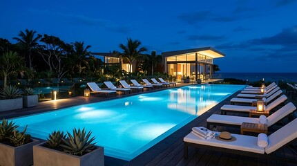 Fototapeta premium Elegant evening pool scene at luxury beach resort