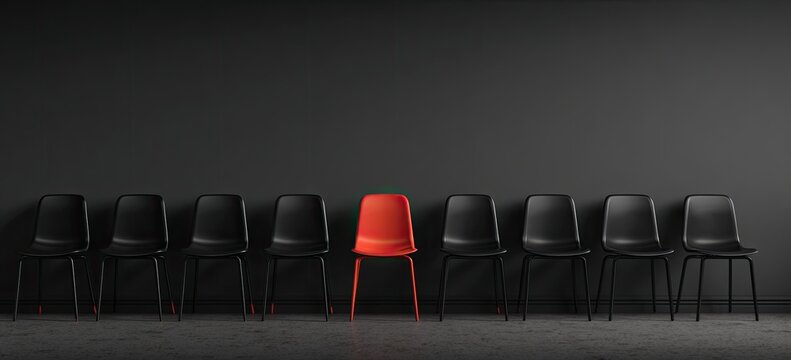 Row of black chairs with one bright red chair in the center