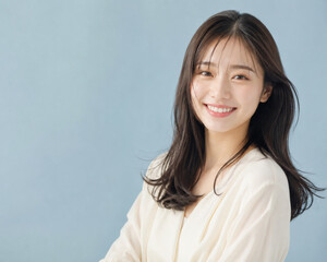 Obraz premium くすみブルー背景の前で微笑むアイボリー服の若い女性ポートレート 
