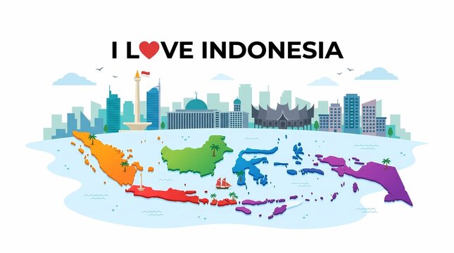 Colorful map of Indonesia with "I Love Indonesia" text and city skyline illustration.