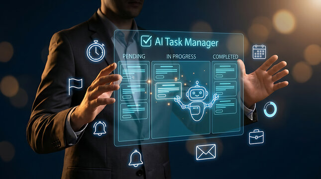 Businessman interacting with ai task manager interface on virtual screen with icons