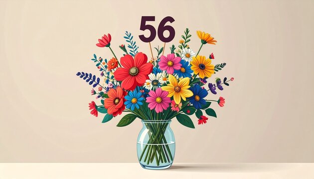 Vibrant Flower Bouquet with Number 56 for Birthday or Anniversary Celebration