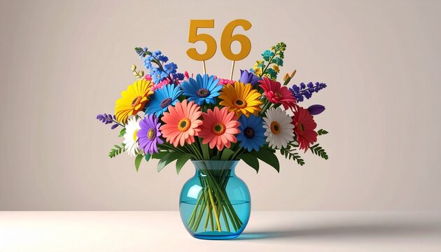Vibrant Flower Bouquet with Number 56 for Birthday or Anniversary Celebration