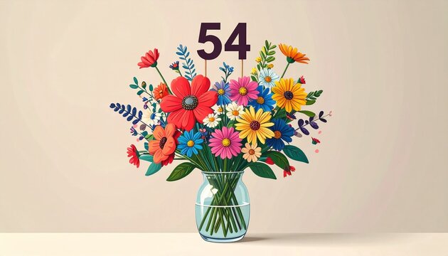 Vibrant Flower Bouquet with Number 54 for Birthday or Anniversary Celebration