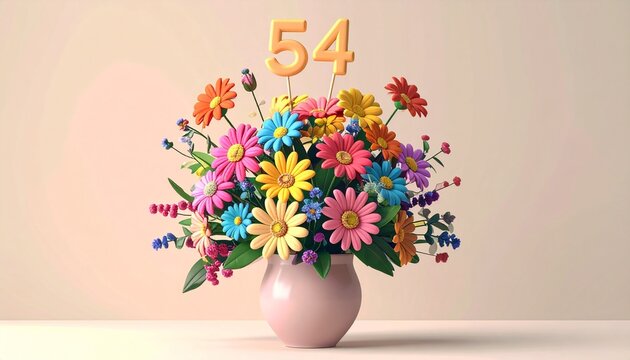 Vibrant Flower Bouquet with Number 54 for Birthday or Anniversary Celebration