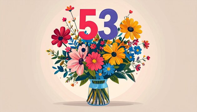 Vibrant Flower Bouquet with Number 53 for Birthday or Anniversary Celebration