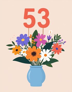 Vibrant Flower Bouquet with Number 53 for Birthday or Anniversary Celebration