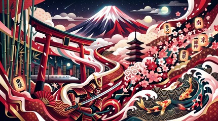 Fototapeta premium A vibrant Japanese landscape featuring a samurai warrior, Mount Fuji, cherry blossoms, and koi fish, evoking traditional culture and natural beauty.