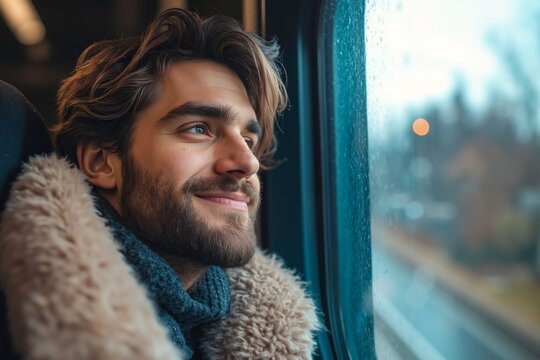 A man looking out the window of a train