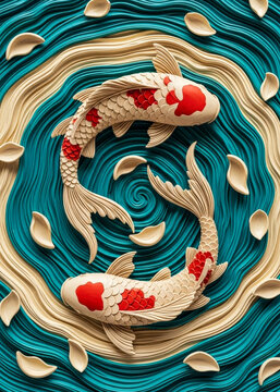 Two Koi Fish Swimming in a Circular Pattern Over Blue and Beige Swirling Water koi fish swimming cir