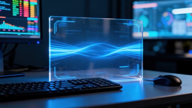 Tech desk setup with holographic display