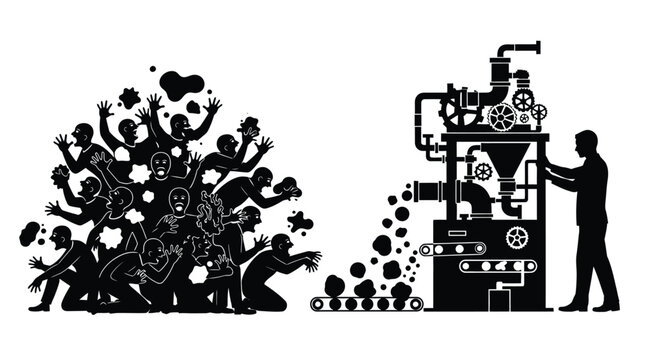 A group of distressed people are being processed by a complex industrial machine operated by a man