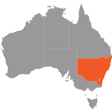 New South Wales Location on Map of Australia with States and Territories Editable Cartographic Illustration.