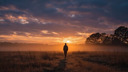 Obraz premium Solitary figure walks towards glowing sunrise through foggy field
