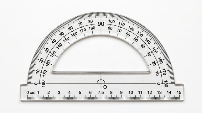 Protractor, a transparent semicircular mathematical instrument, displays clear angle measurements and a straight edge ruler on a pristine white background.