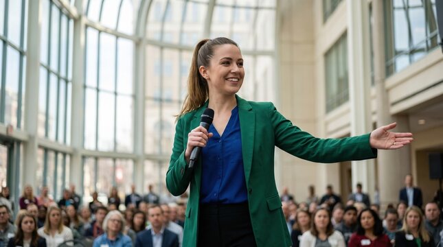 Confident female speaker in green blazer addressing seated professional audience in bright atrium, smiling and gesturing while holding microphone