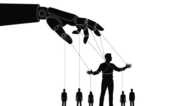 Robotic hand controlling human figures like puppets with strings in a black and white illustration