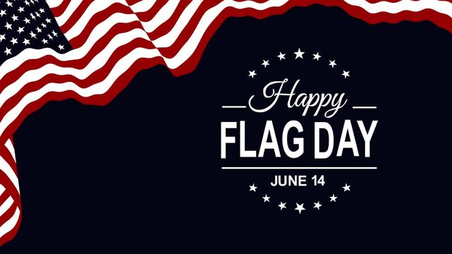 Patriotic video footage featuring a waving American flag with Happy Flag Day June 14 typography on a dark background. Perfect for USA celebration themes, holidays, events, and national promotions.