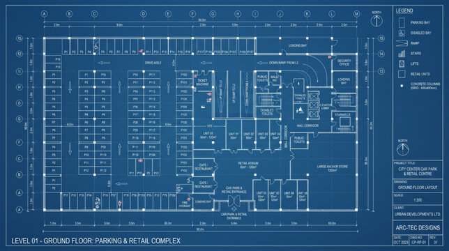 Car Park Building Plan Vector Architectural Floor Layout Blueprint Design Illustration for Retail Parking Area
