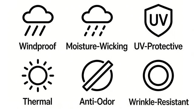 Wind and rain protection, constant temperature anti wrinkle icon, windproof and sweat wicking, constant temperature insulation, UV resistance, anti wrinkle and anti odor wearing protection features.
