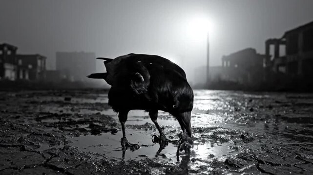 Black and white video of a crow foraging in a desolate, post-apocalyptic environment with a haunting atmosphere and dramatic lighting