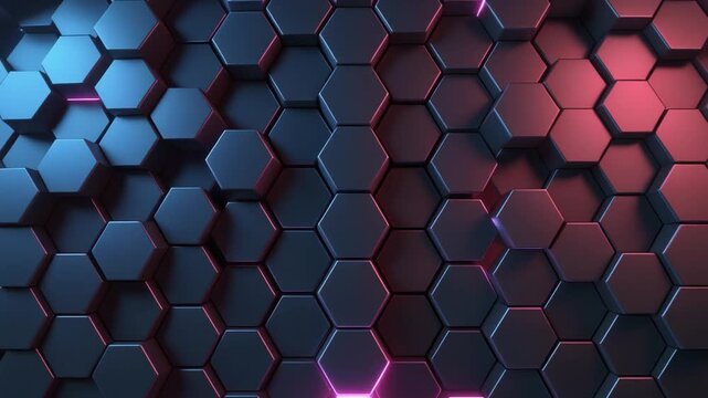 Abstract 3D Hexagon Grid with Pulsing Neon Pink and Blue Lights