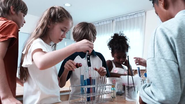 A group of boys and girls of various nationalities stand in front of their classmates learning science, mixing chemicals and holding test tubes in their classroom at school.

