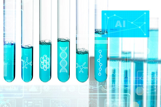 Test tubes with blue liquid and digital interface showing DNA, molecular structures and AI data analysis in laboratory, biotechnology, genetics and scientific research concept