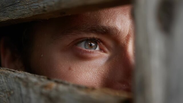 Close-up of a young boy's face peering through a wooden slat with detailed expressions